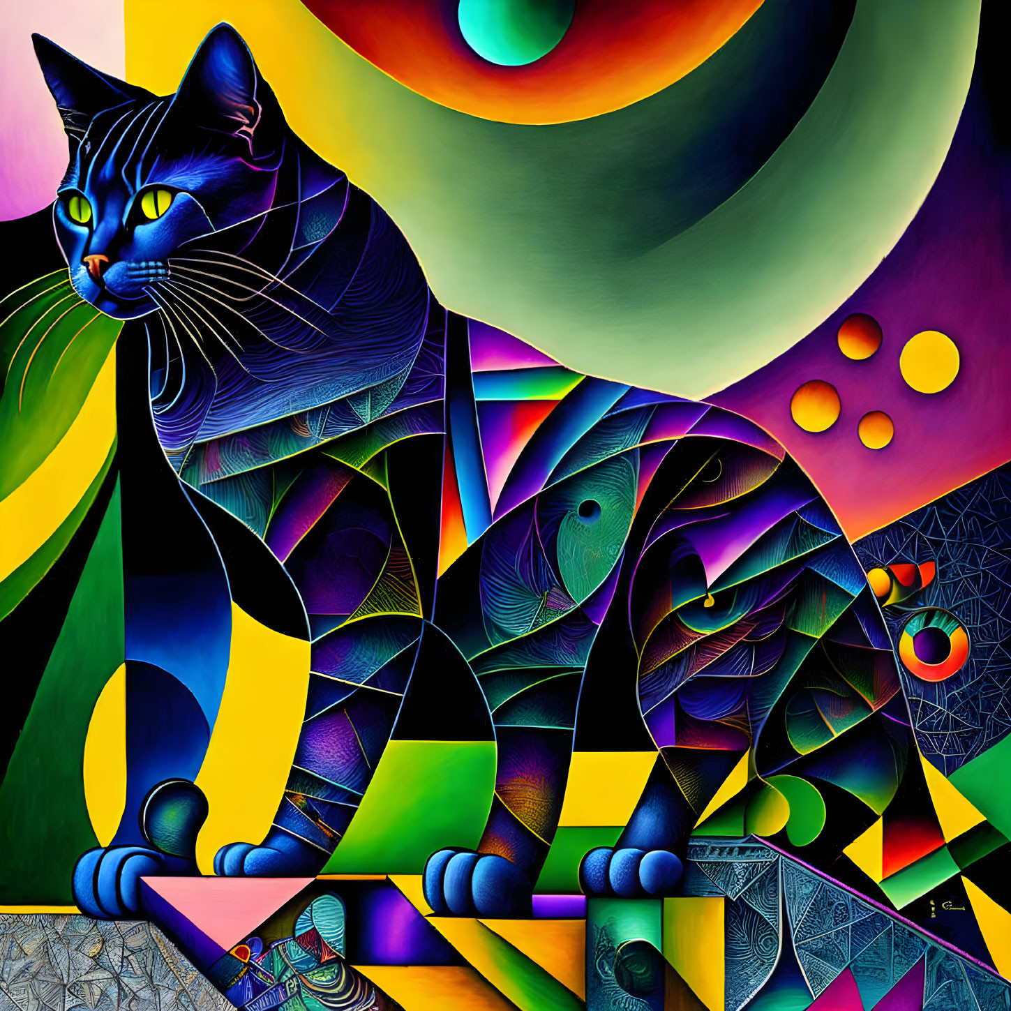 Colorful Geometric Cat Painting with Patterned Background