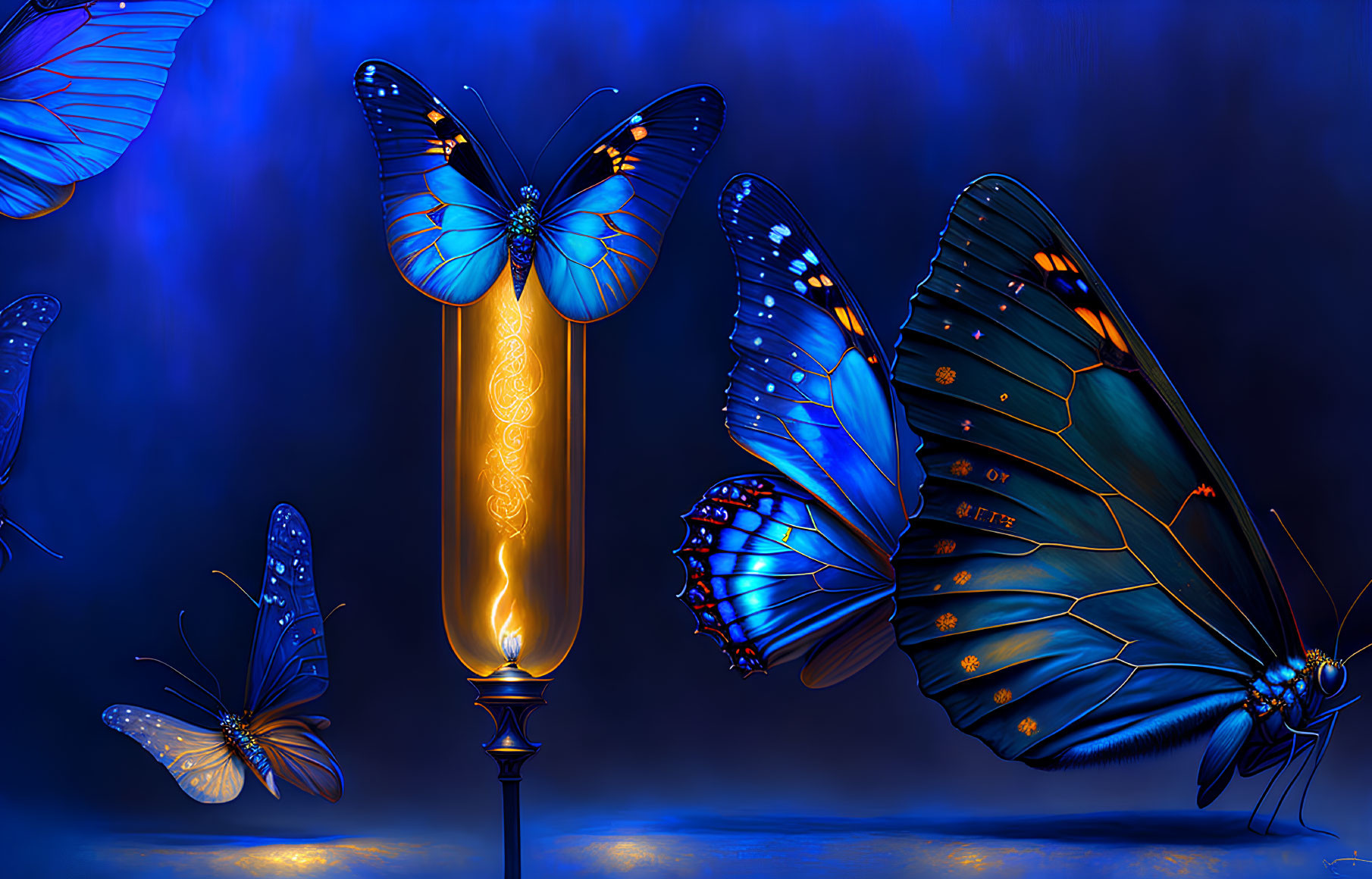 Vibrant blue butterflies around golden lamp on dark blue background