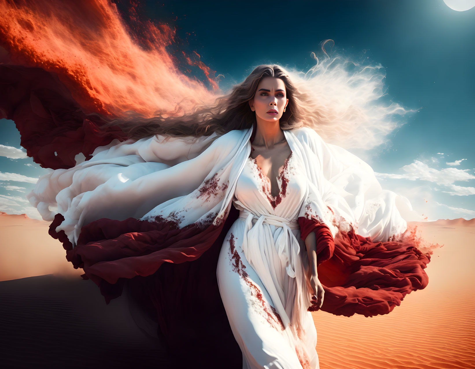 Woman in white dress with red accents in desert under striking red-clouded sky