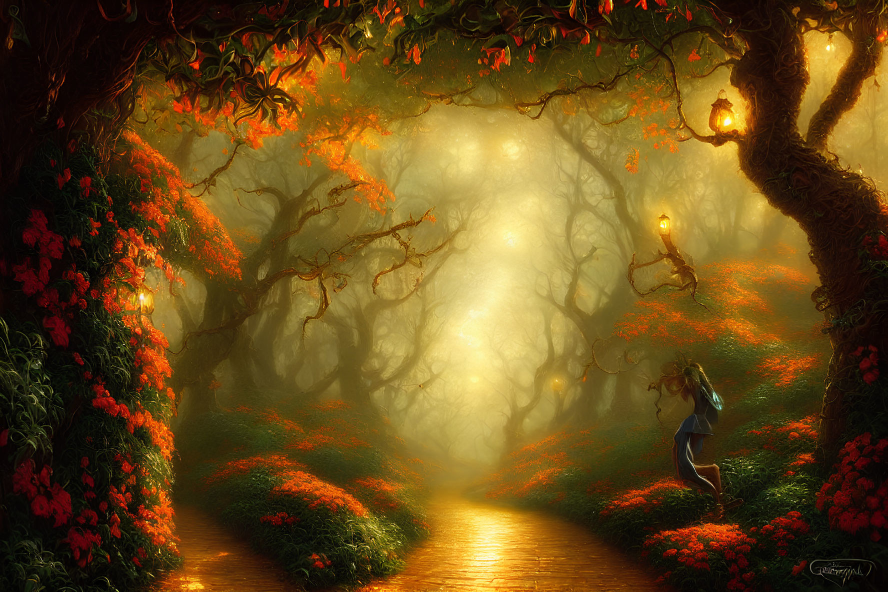 Enchanting forest path with red flowers, fog, lanterns, and a person.