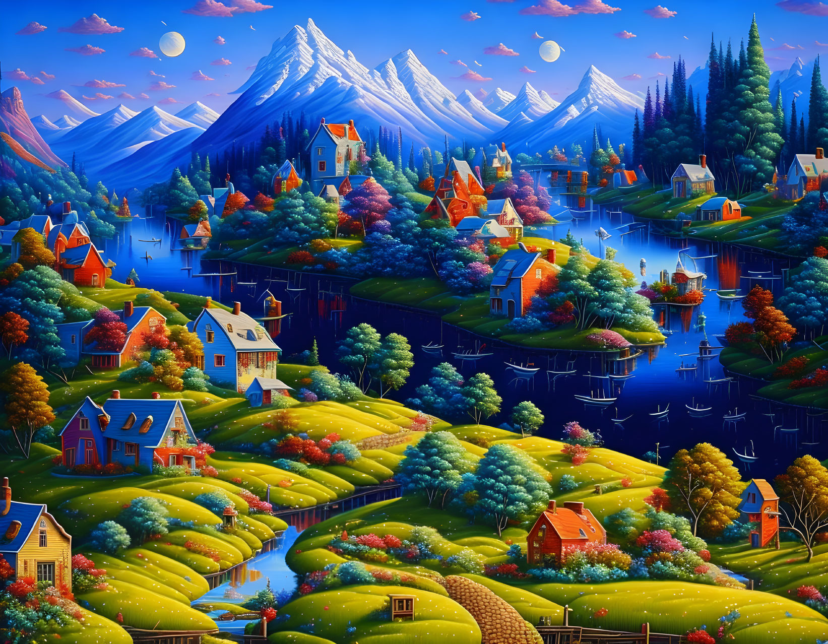 Colorful Houses, Rivers, Trees, Mountains in Whimsical Landscape