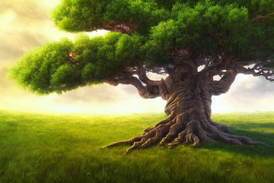 Majestic ancient tree in sunlit verdant field