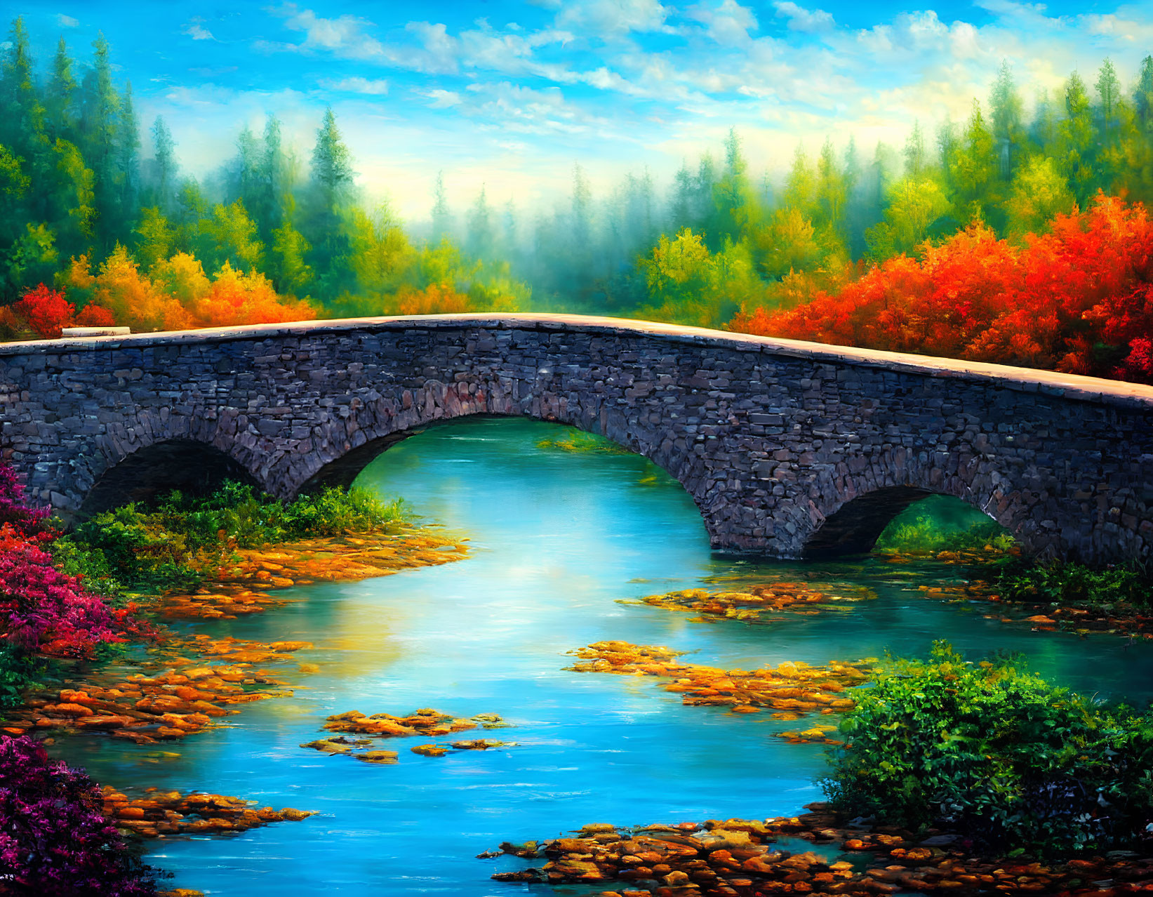 Colorful autumnal landscape painting with stone bridge and river