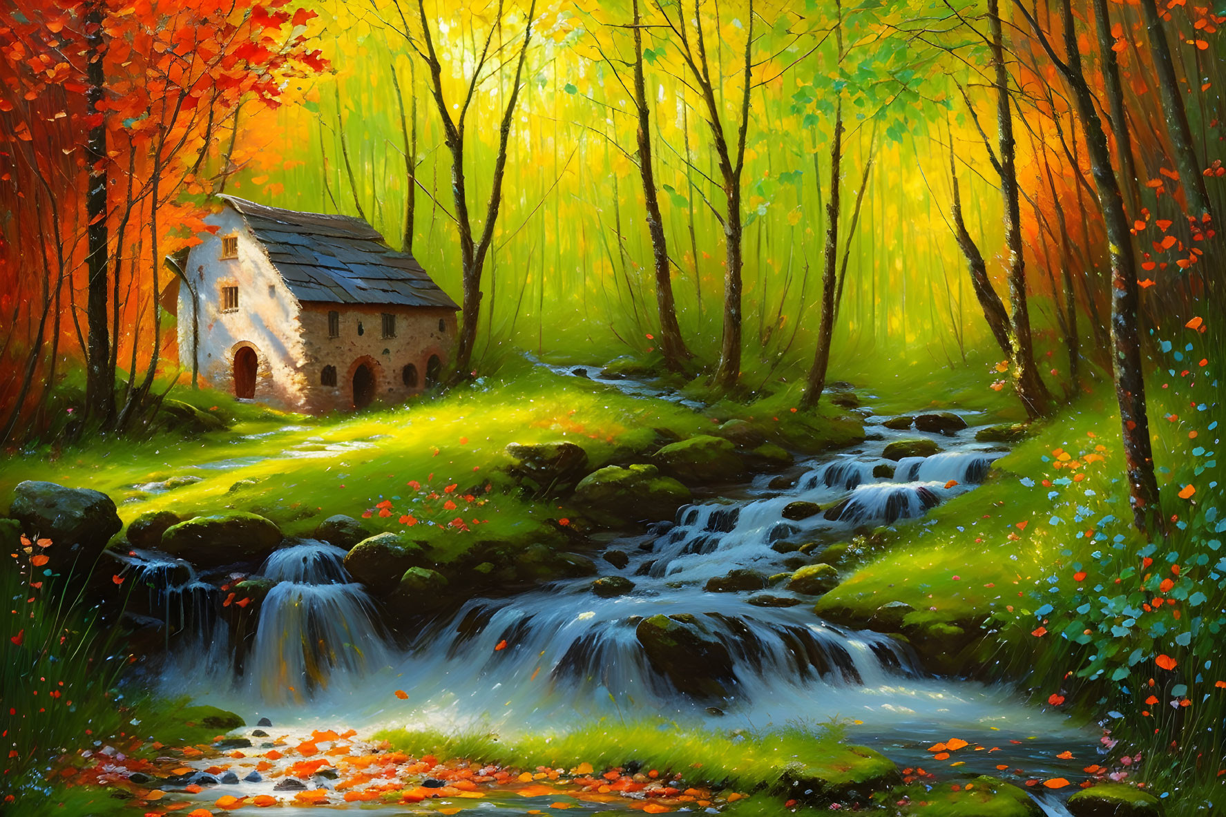 Tranquil small house by stream in autumn forest