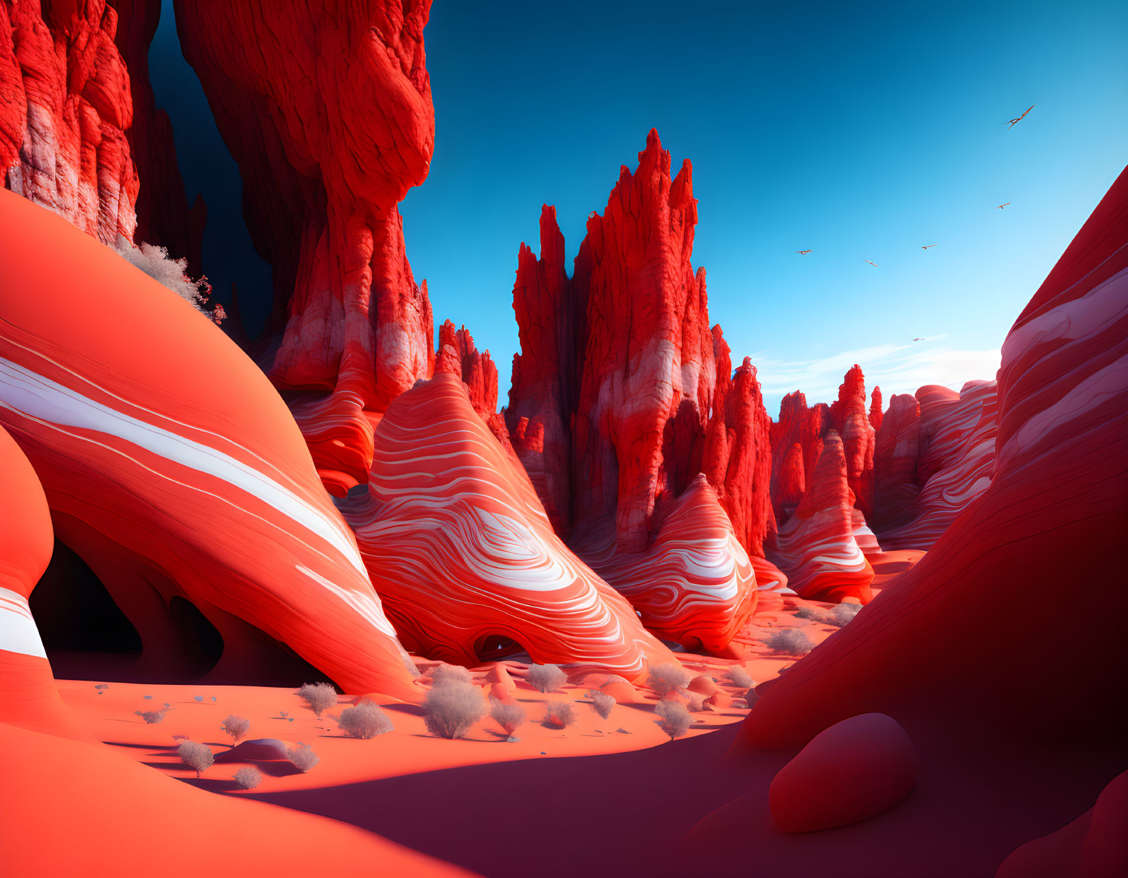 Striped Red and White Rock Formations in Desert Landscape