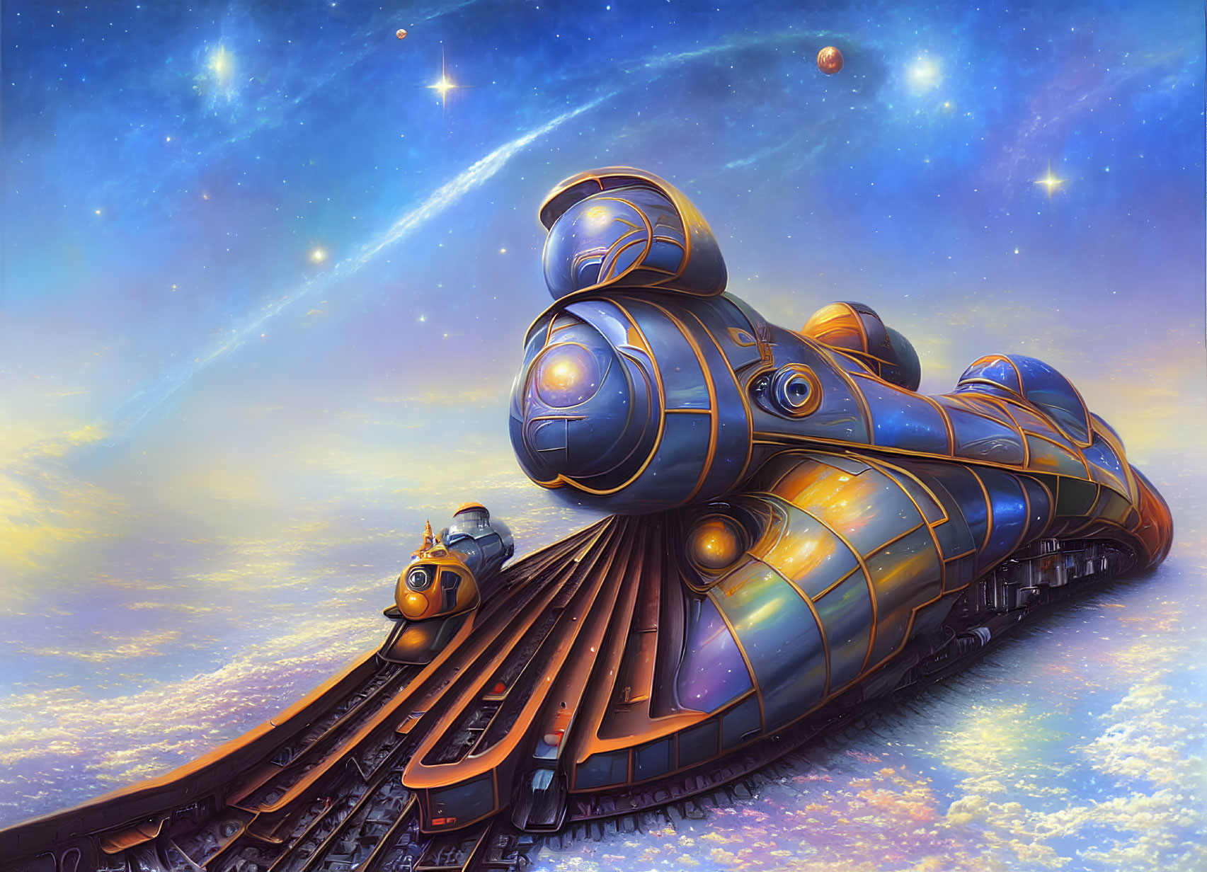 Futuristic space train on cosmic tracks under starry sky