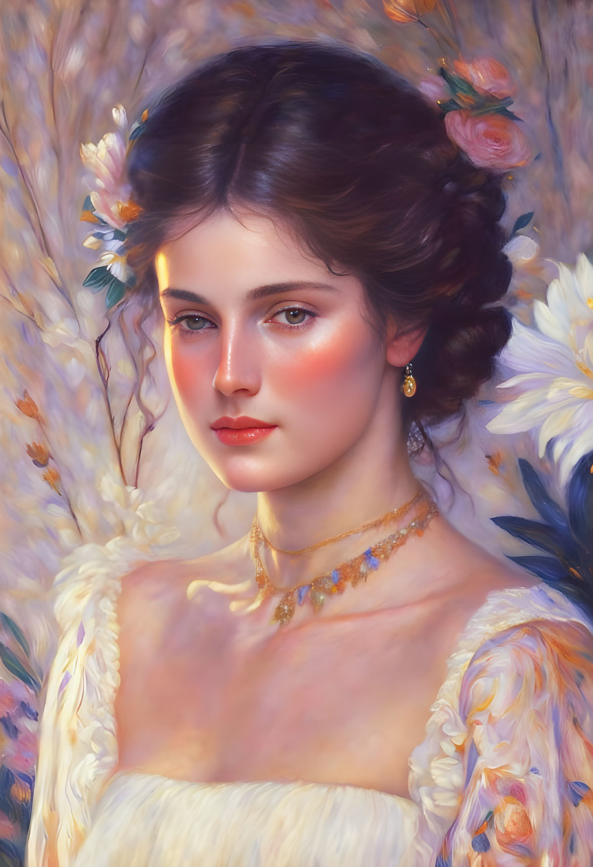 Portrait of young woman with floral adornments and gold necklace against impressionistic backdrop.