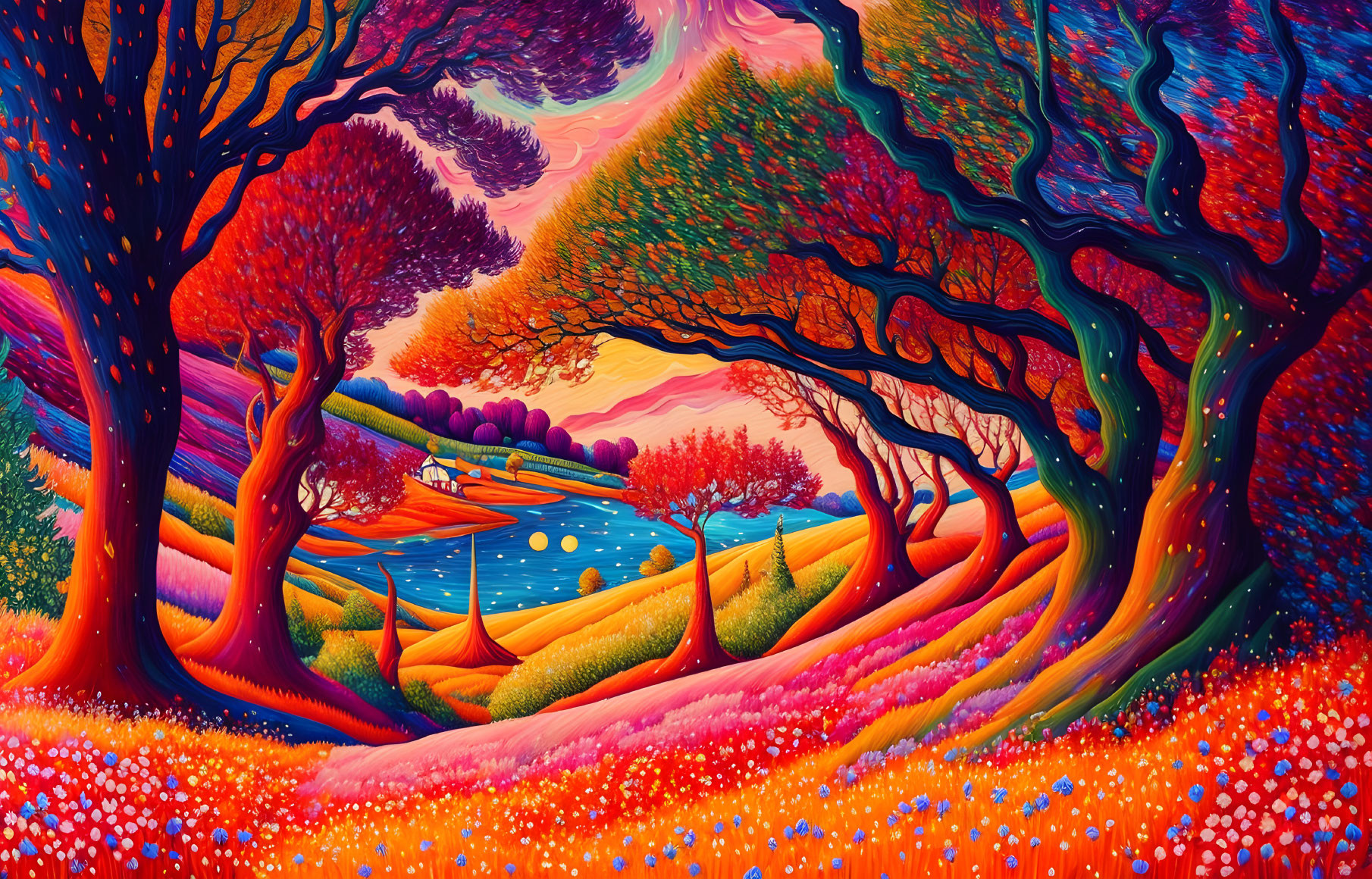 Colorful Whimsical Landscape with River and Trees