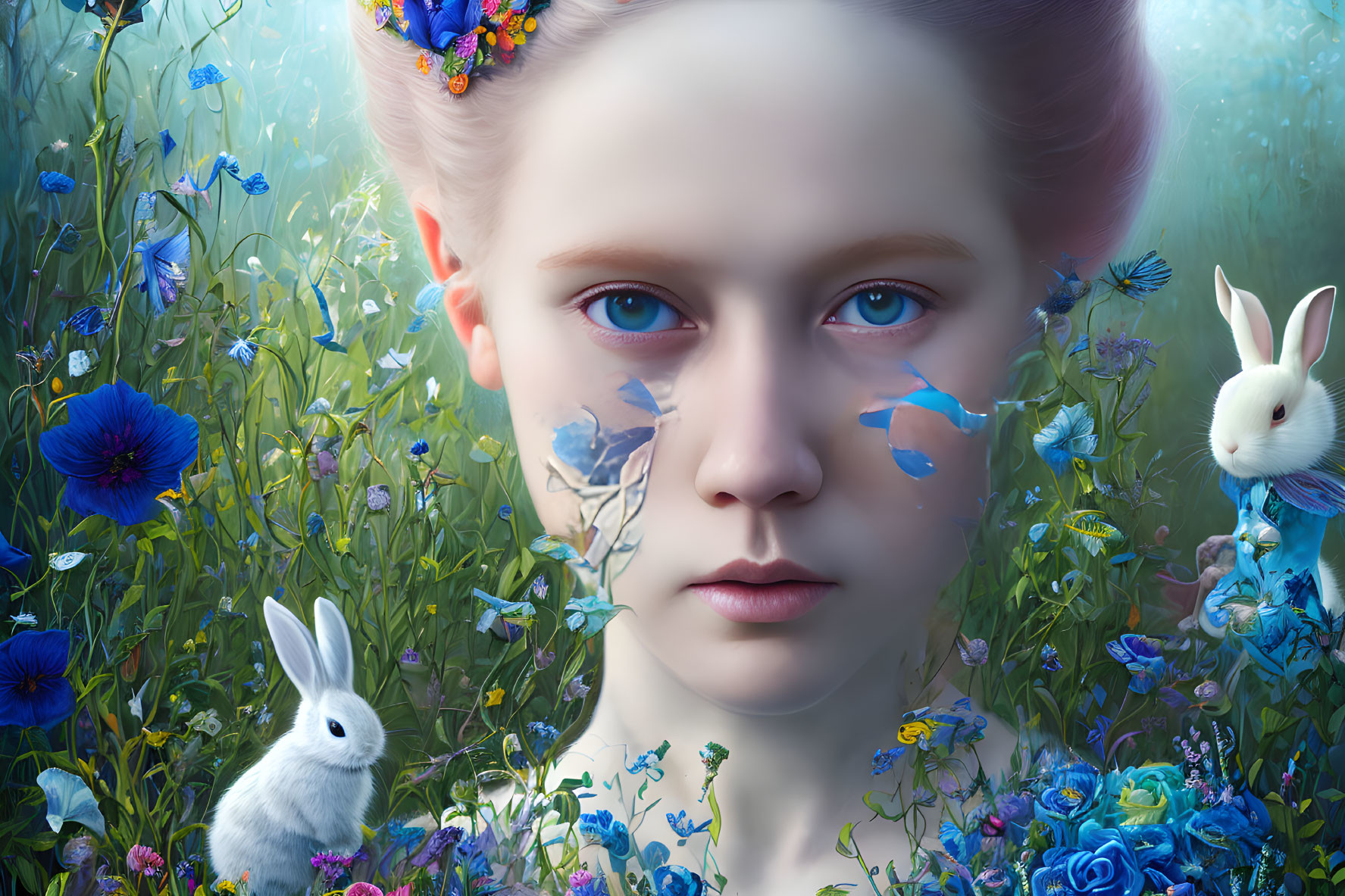 Surreal portrait of young girl with floral paint, rabbits, and vibrant flowers