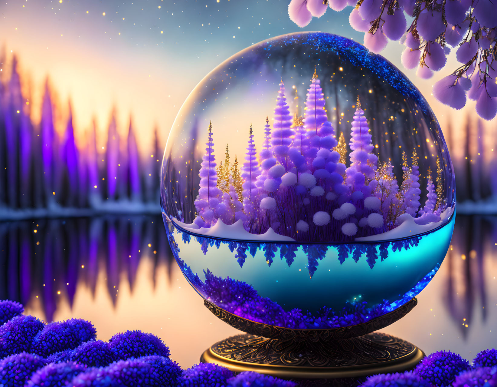 Snow Globe with Wintry Forest Scene and Sunset Backdrop