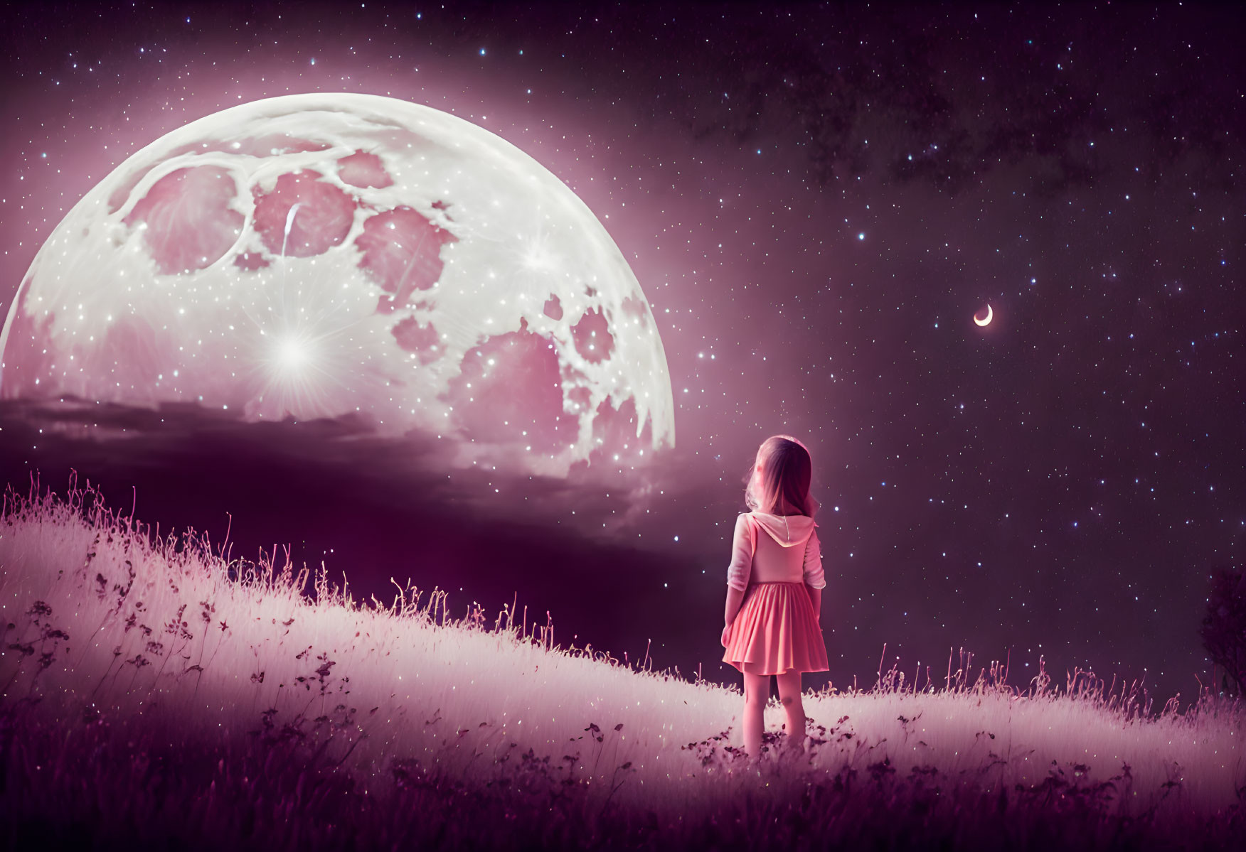 Girl in Pink Dress Stands in Field Under Moonlit Sky