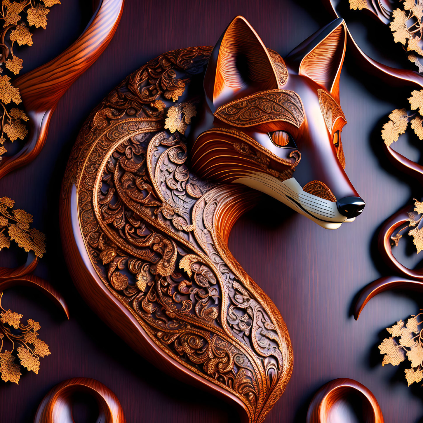 Detailed Wooden Fox Head Sculpture with Floral Motifs on Dark Background