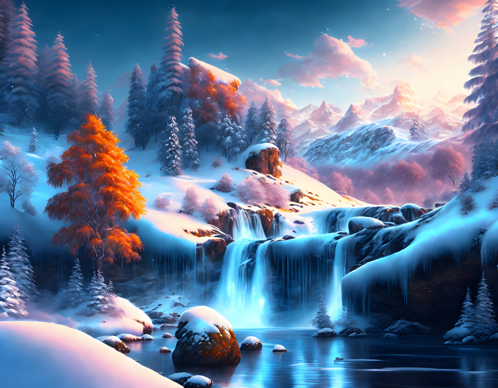 Snow-covered trees, frozen waterfall, tranquil river in serene winter landscape