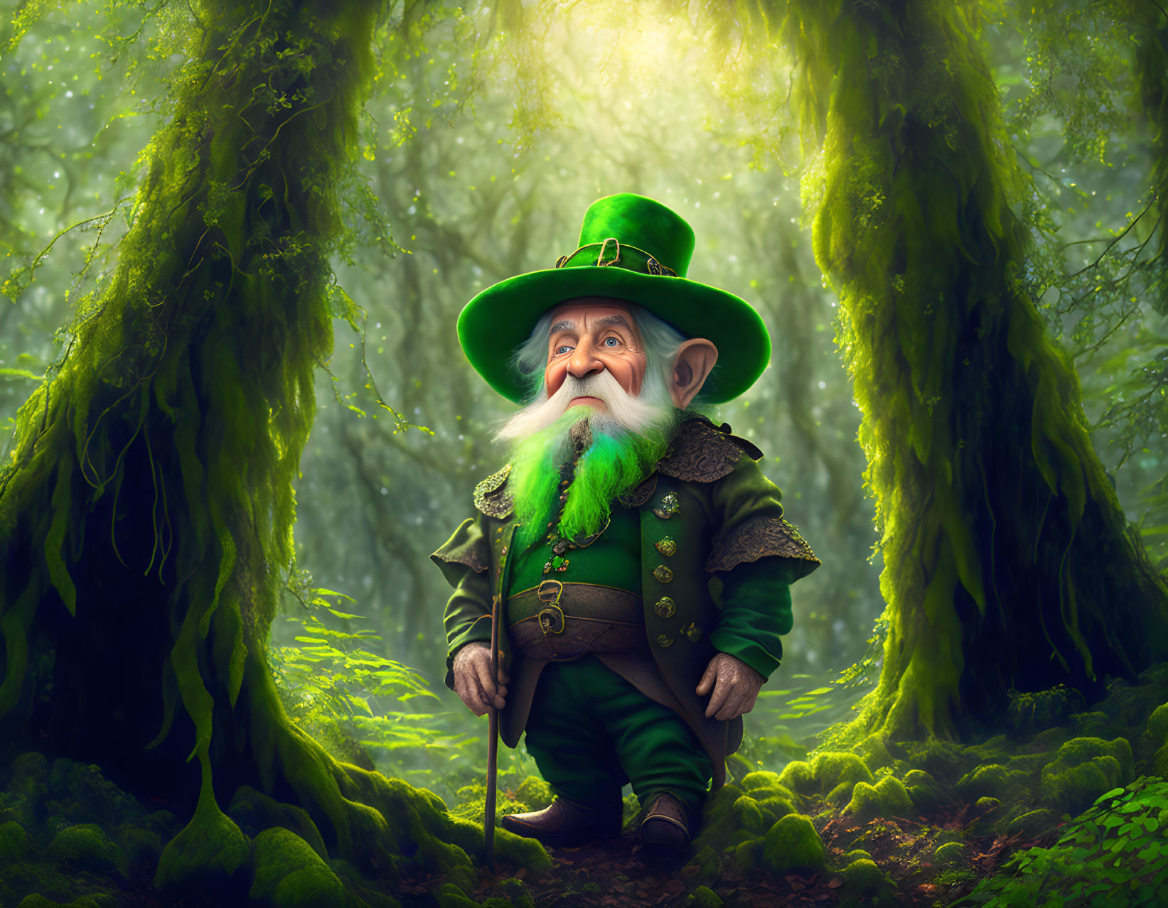 Elderly man in leprechaun costume in lush green forest