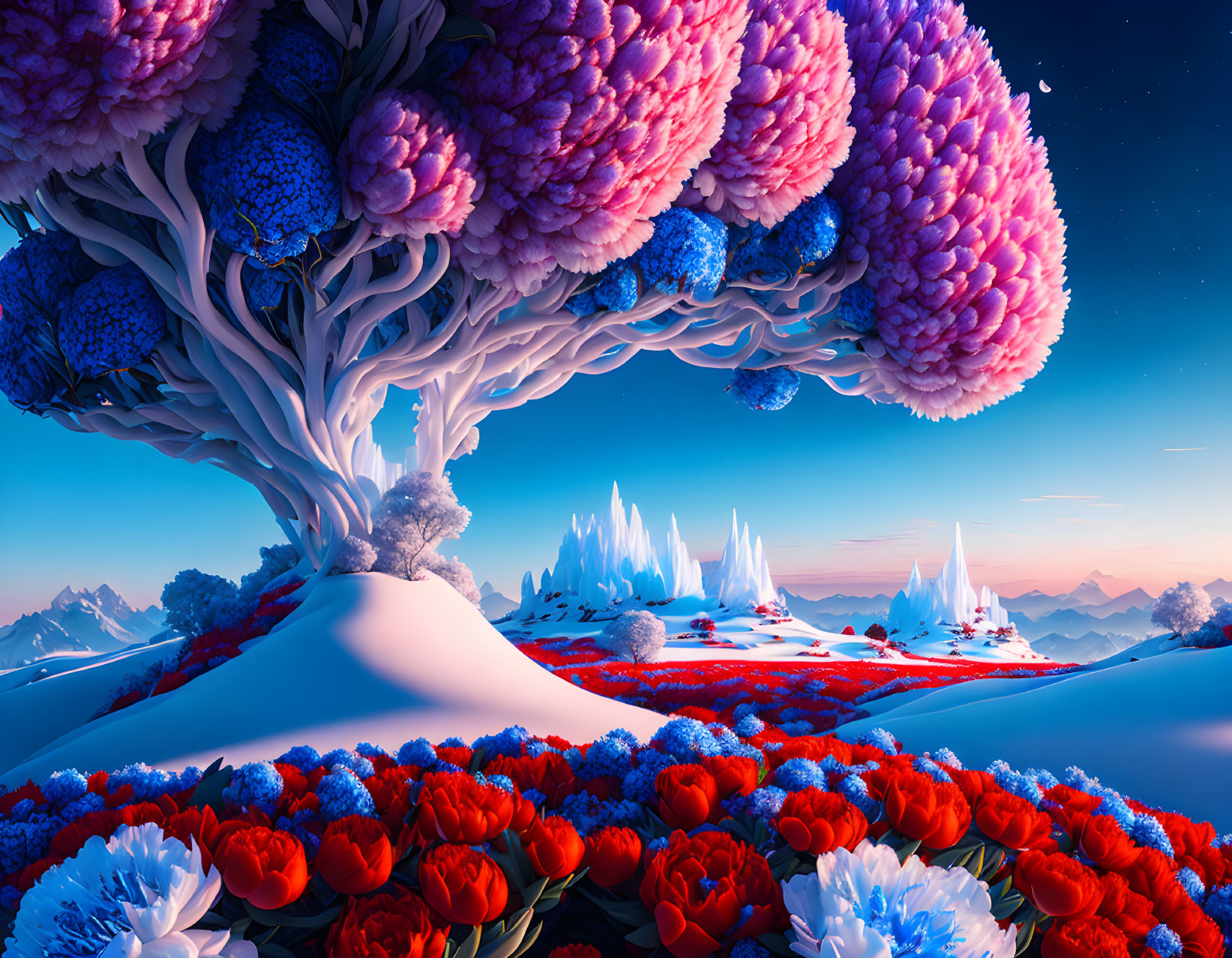 Surreal digital artwork: Oversized pink tree blooms in icy landscape