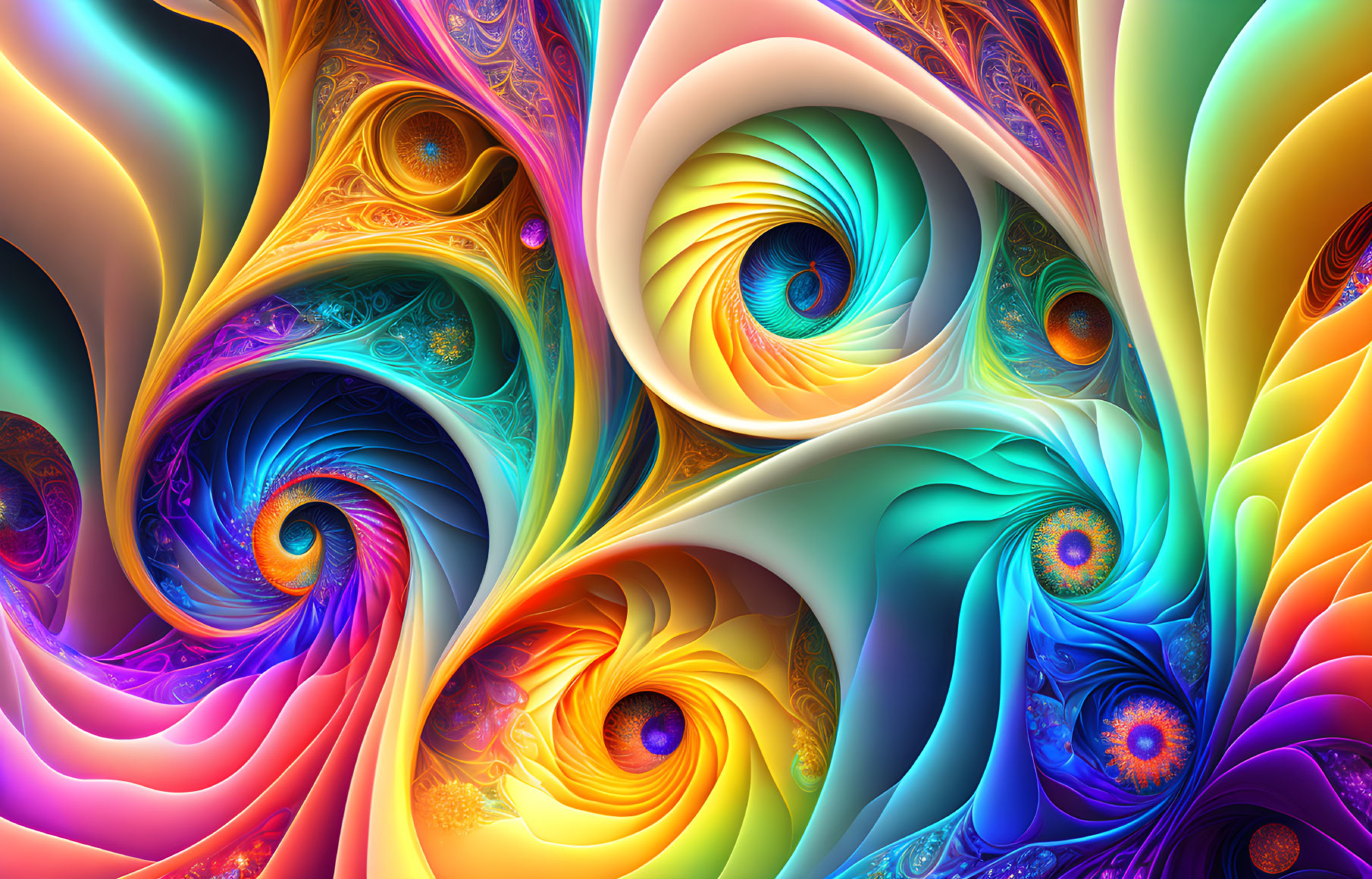 Colorful Fractal Art with Swirling Patterns and Spirals in Blues, Oranges, and Pur