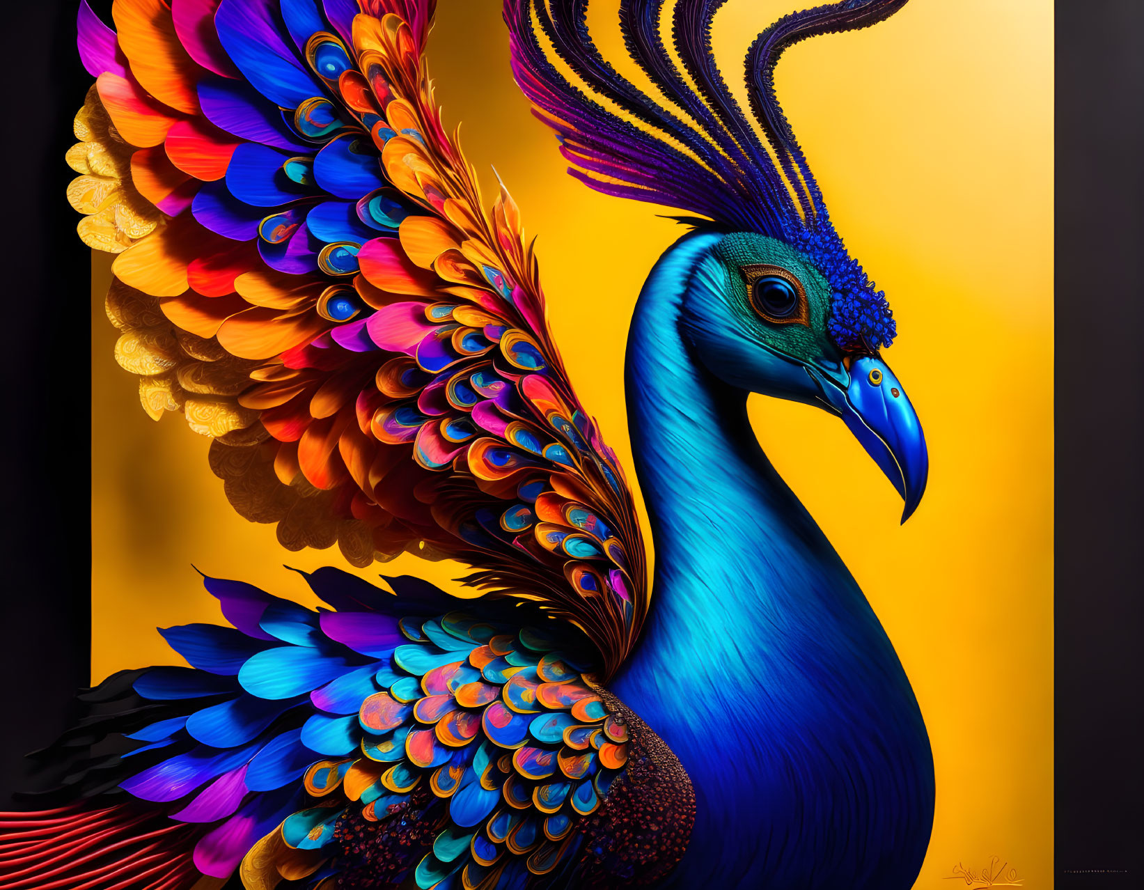 Colorful Peacock Digital Artwork on Yellow Background