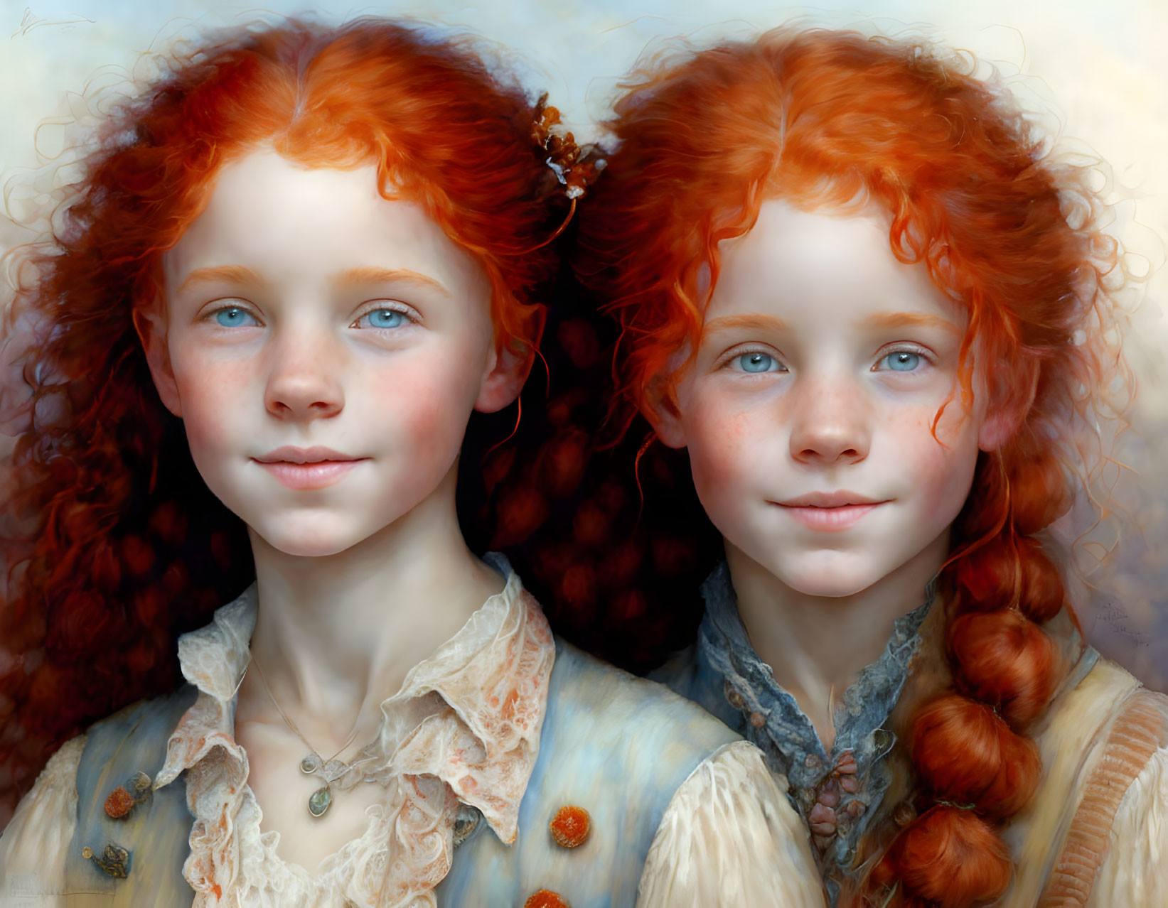 Two girls with red curly hair and blue eyes in vintage clothing.