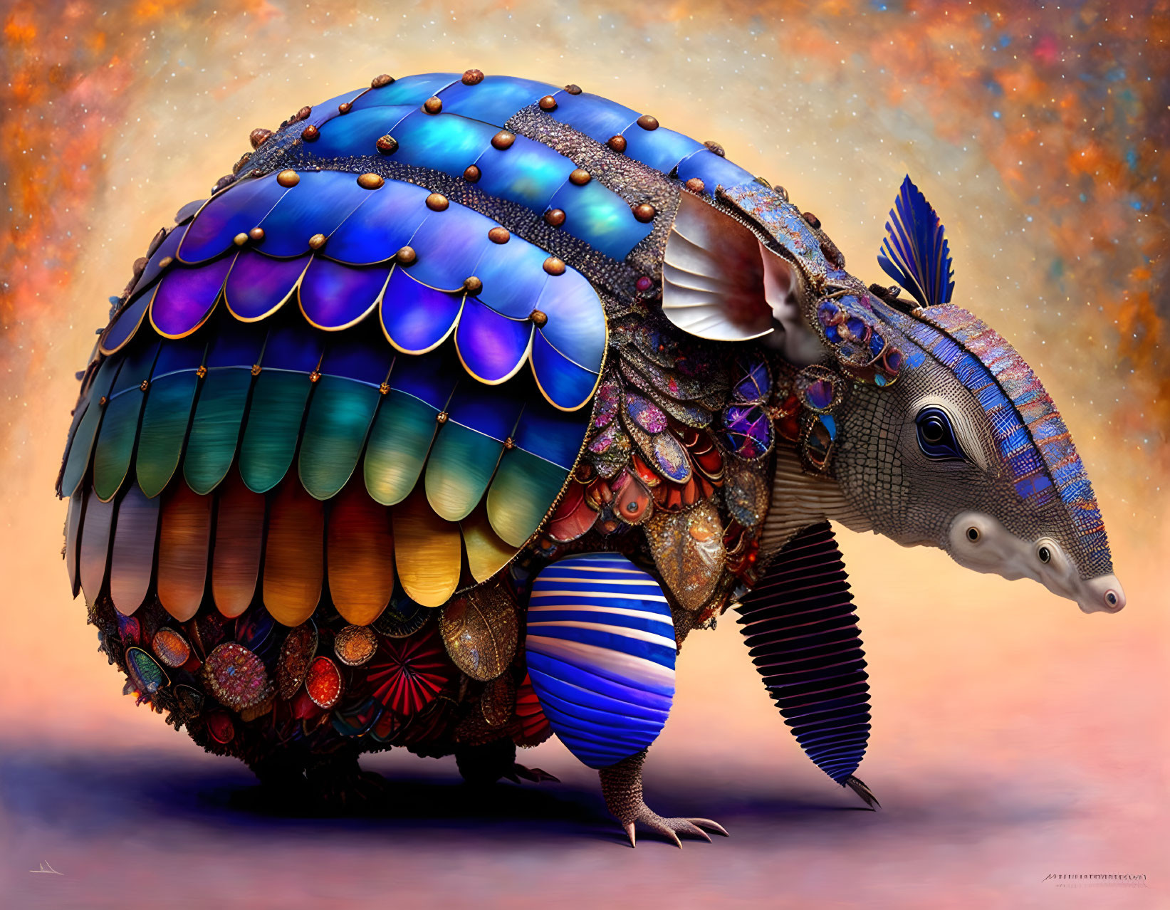 Colorful mosaic armadillo art with blue, purple, and gold hues on warm background