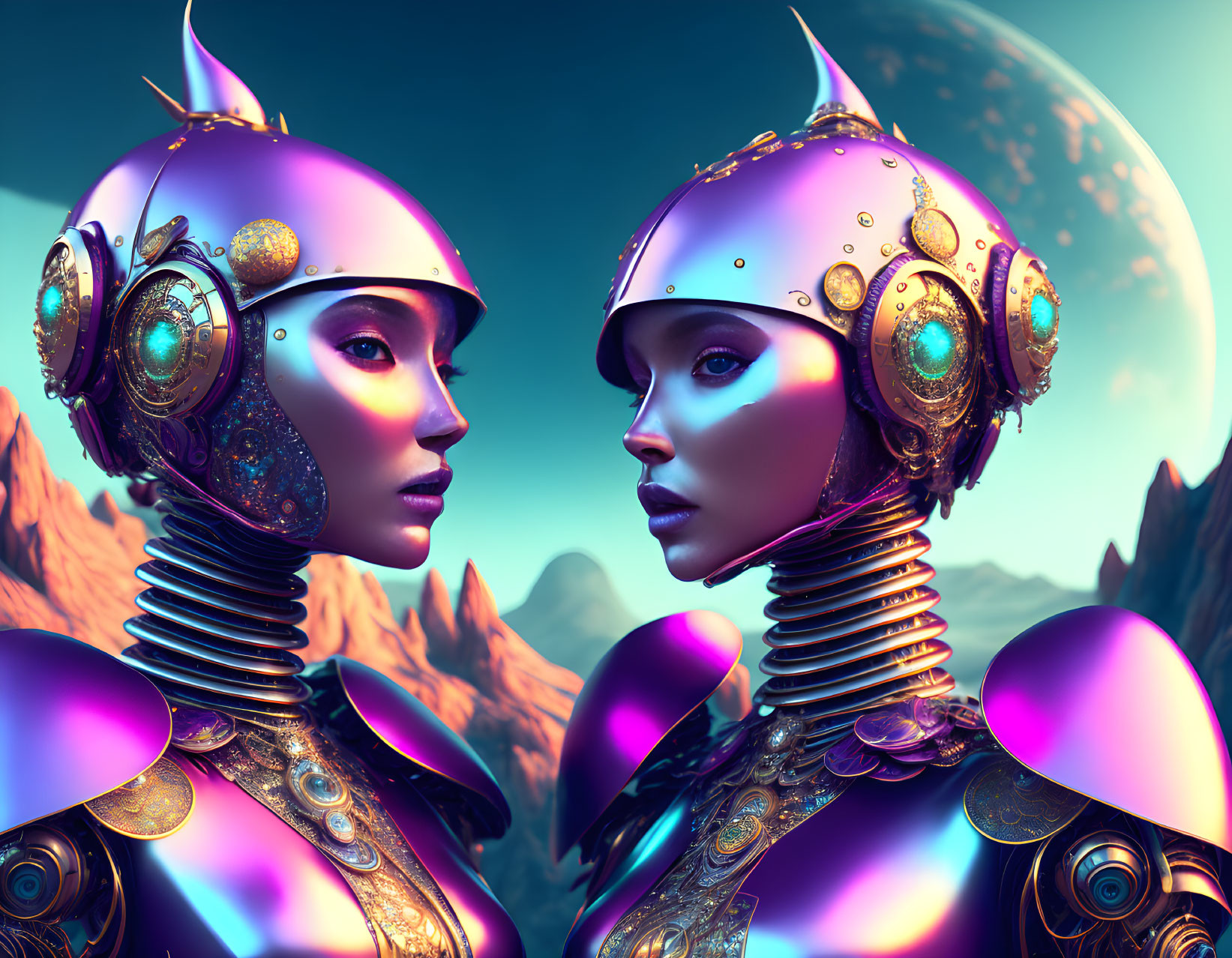 Intricate golden-armored humanoid robots in alien landscape