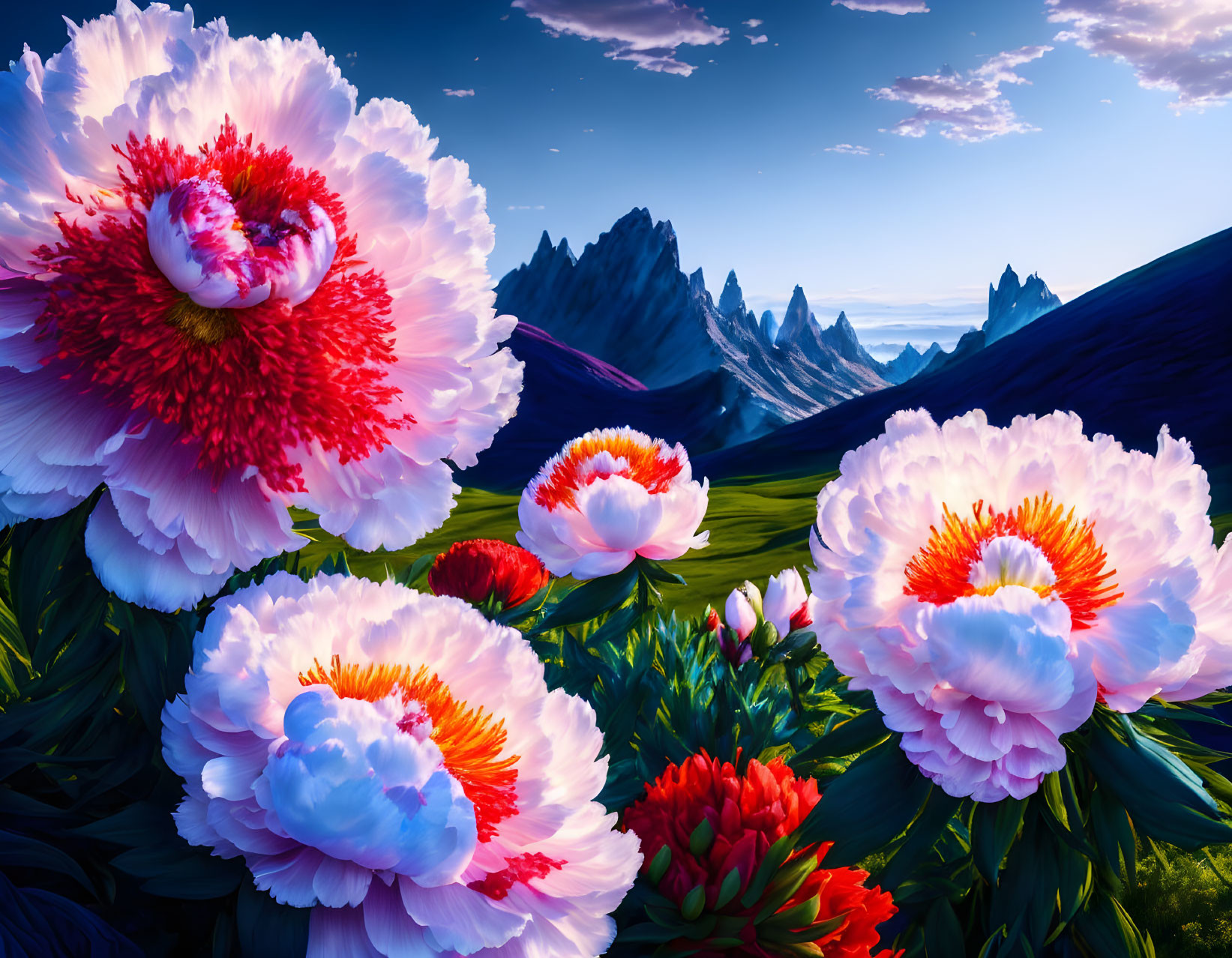 Colorful peonies bloom against dark mountains and a blue sky