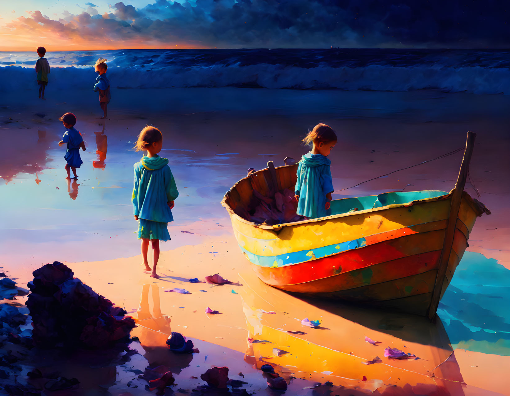 Children explore colorful boat on sunset-lit shore