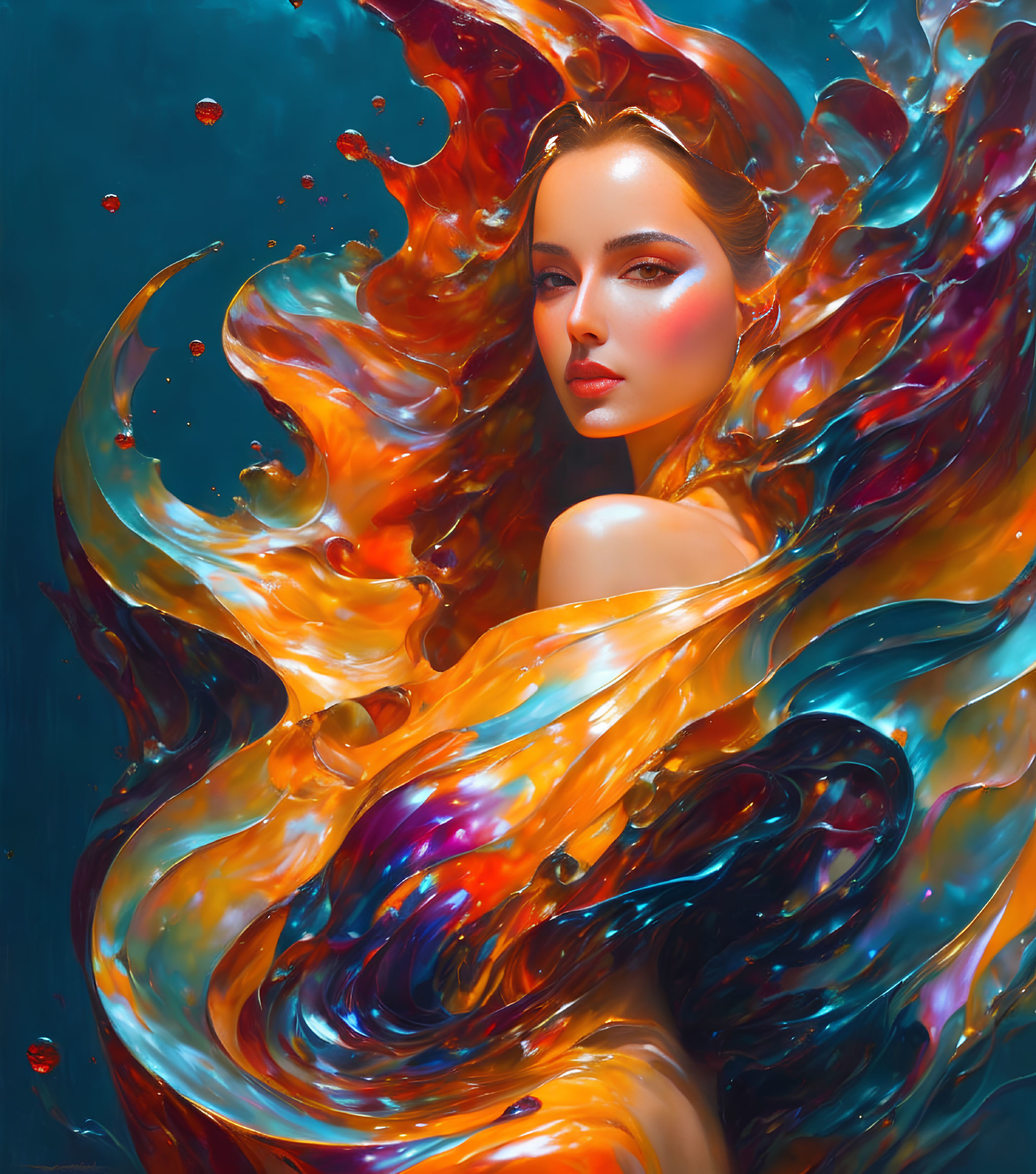 Vibrant abstract painting of a woman with fiery flowing hair