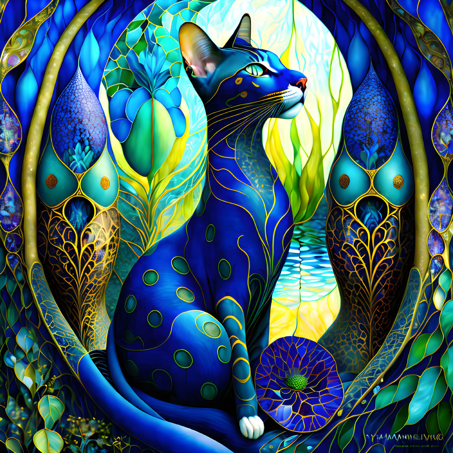 Colorful Blue Cat Artwork with Intricate Patterns and Abstract Designs