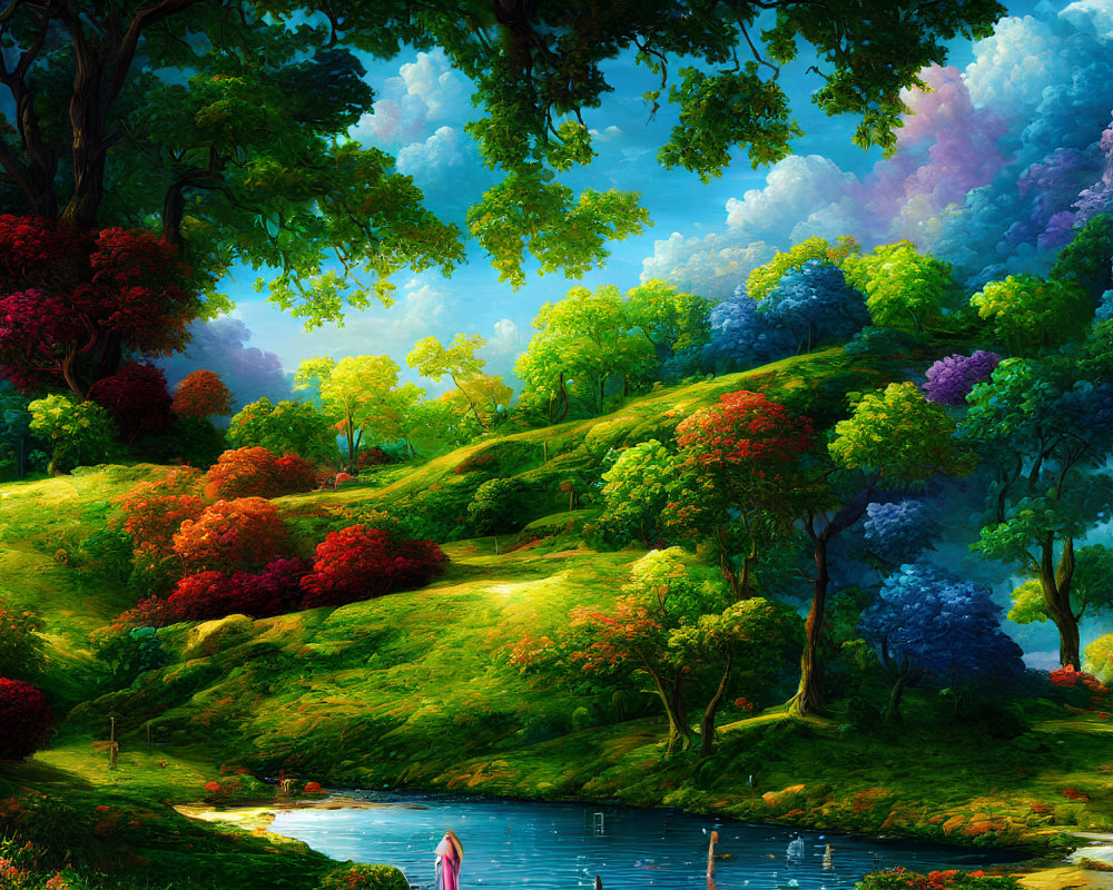 Colorful Landscape with Green Hills, Blue Pond, and Figure in Pink