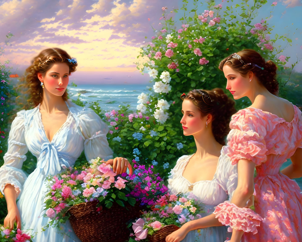 Vintage dresses women with flowers at sea shore landscape.