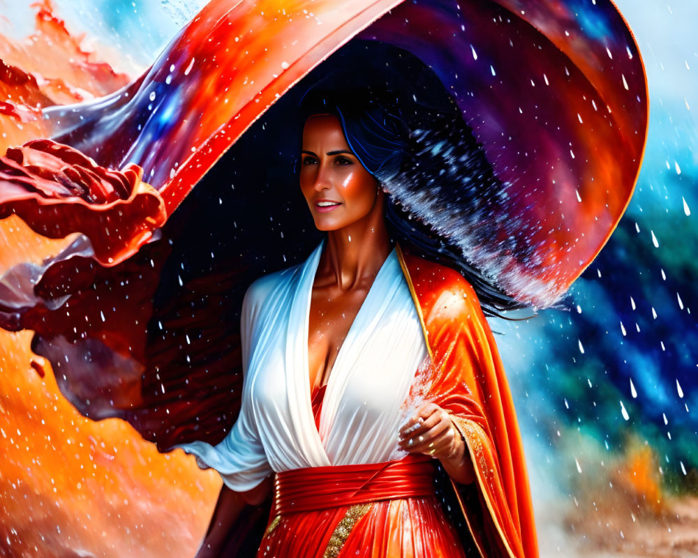 Woman in Vibrant Red & White Outfit with Swirling Cloak in Dynamic Setting