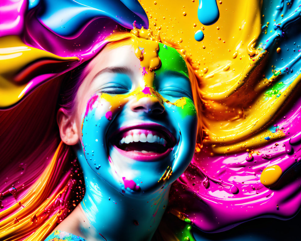 Colorful Paint Swirls Around Joyful Girl