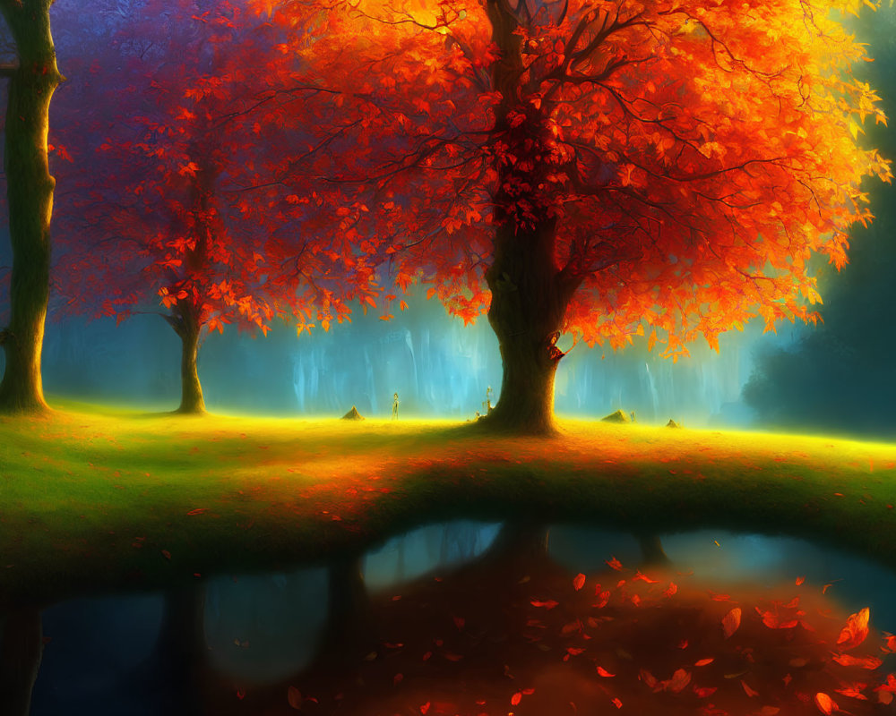 Colorful autumn trees and pond reflection in serene forest setting.