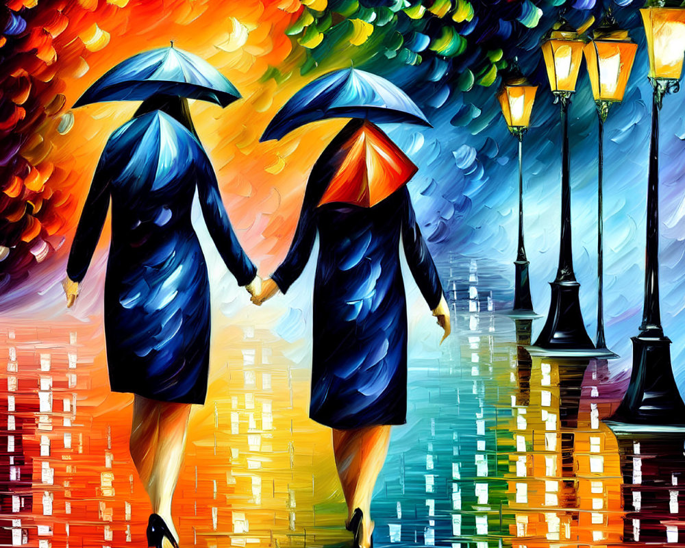 Vibrant street scene: Couple walking under umbrellas