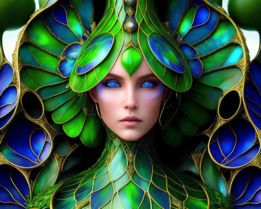 Vibrant digital art portrait of woman with peacock feather-inspired makeup and headdress