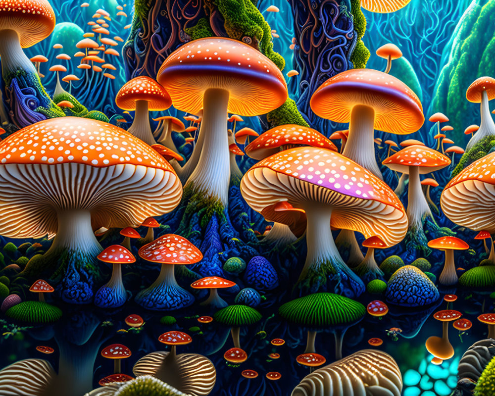 Colorful Mushroom Illustration in Surreal Forest Landscape