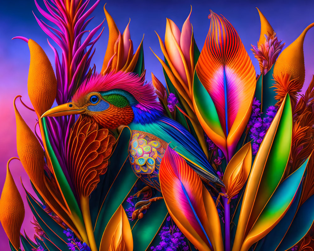 Colorful Stylized Bird in Exotic Plant Setting with Purple Sky