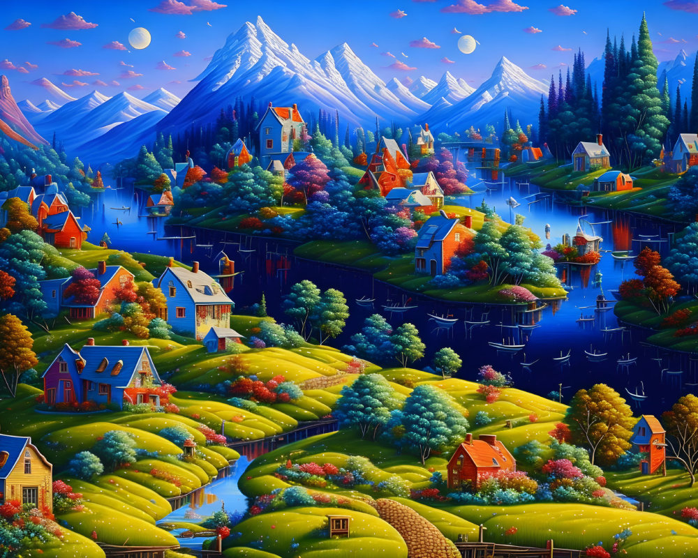 Colorful Houses, Rivers, Trees, Mountains in Whimsical Landscape
