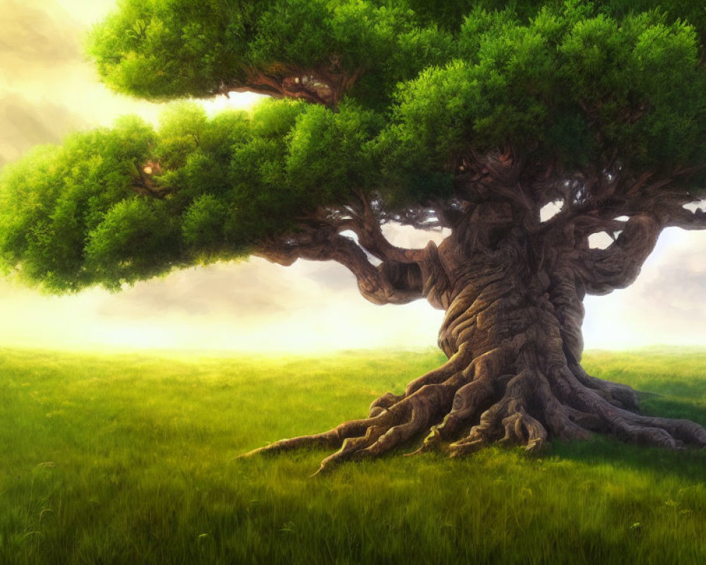 Majestic ancient tree in sunlit verdant field