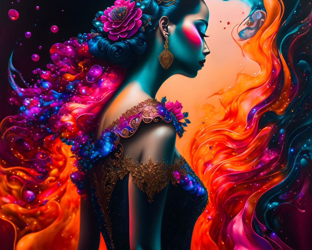 Colorful digital artwork: Woman profile with flowing fiery colors