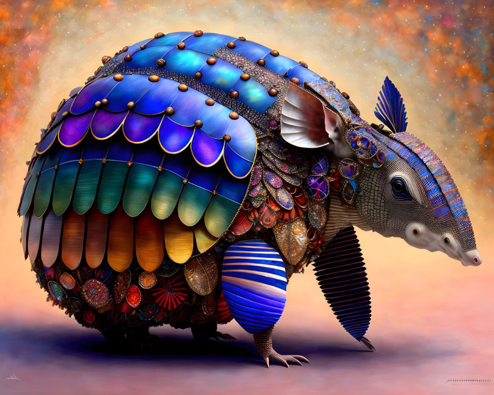 Colorful mosaic armadillo art with blue, purple, and gold hues on warm background