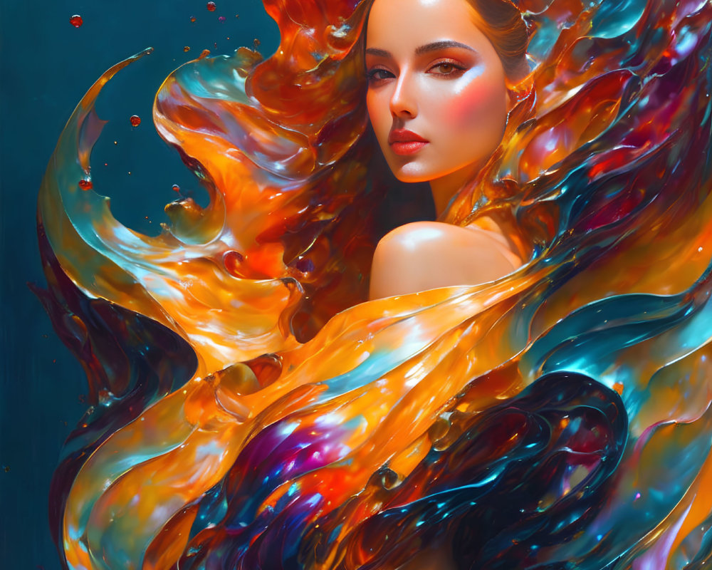 Vibrant abstract painting of a woman with fiery flowing hair