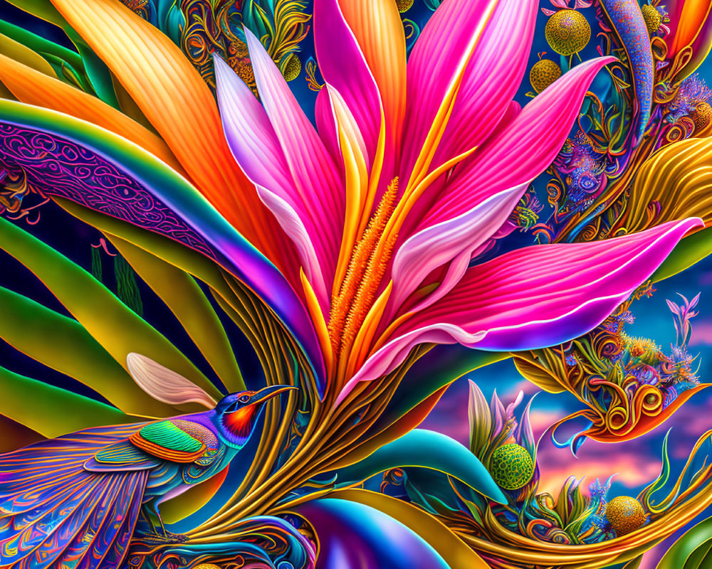 Colorful hummingbird and flower in intricate digital art