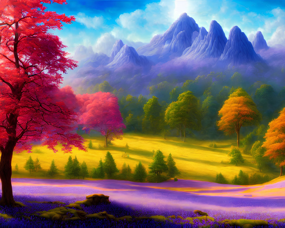 Colorful Fantasy Landscape with Trees, River, Flowers, Sunbeams, and Mountains