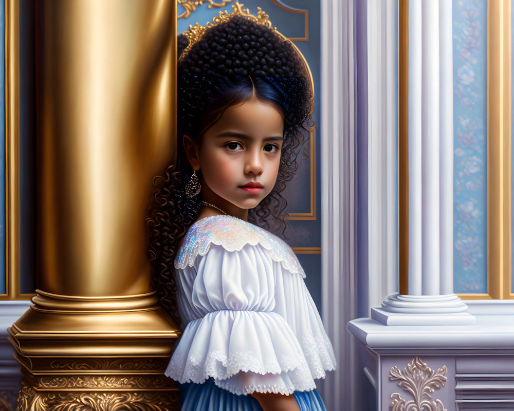 Curly-Haired Girl in Historical Dress in Ornate Classical Room