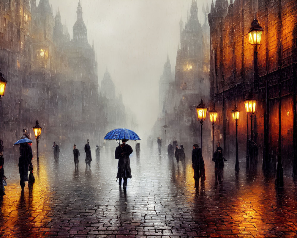 Rainy cobblestone street with people and umbrellas under glowing streetlamps