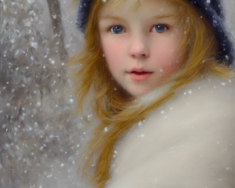 Blonde Child in Blue Hat and White Coat in Snowfall