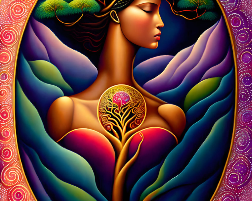 Colorful artwork: Woman with tree growing from body in nature blend