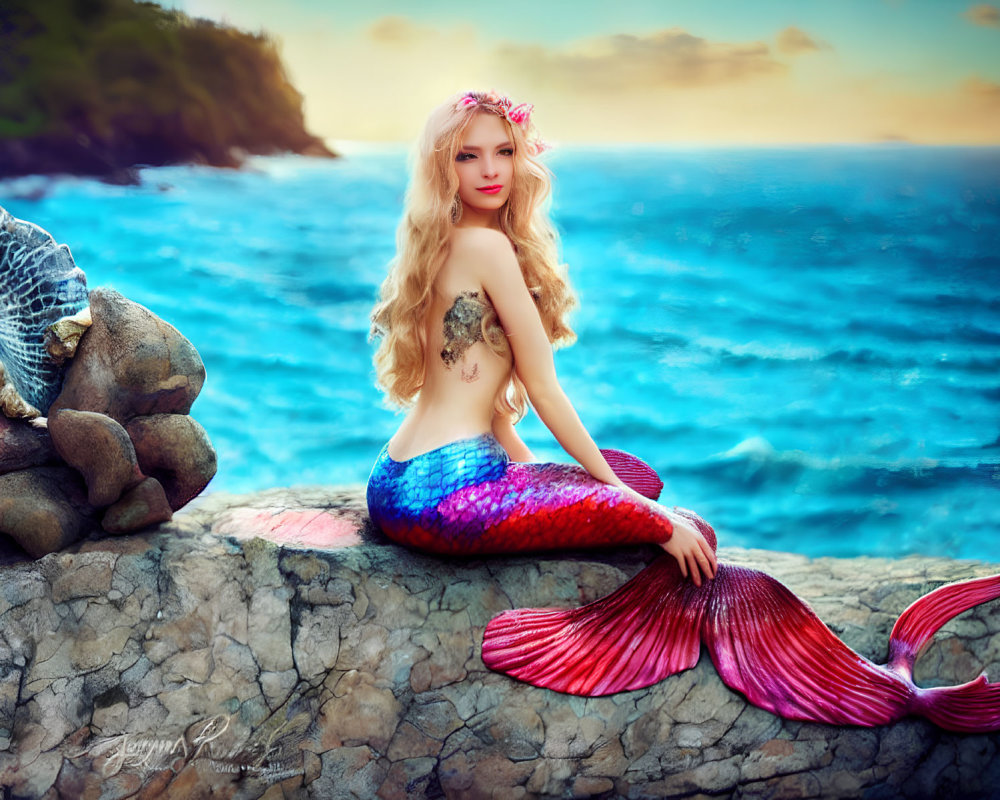 Mermaid with Pink and Blue Tail on Rock by Sea at Sunset