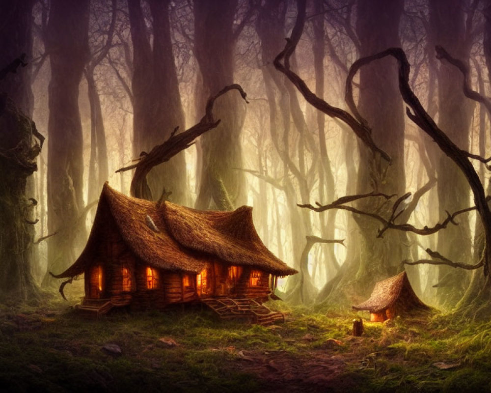 Mystical forest cottage with twisted trees and glowing windows